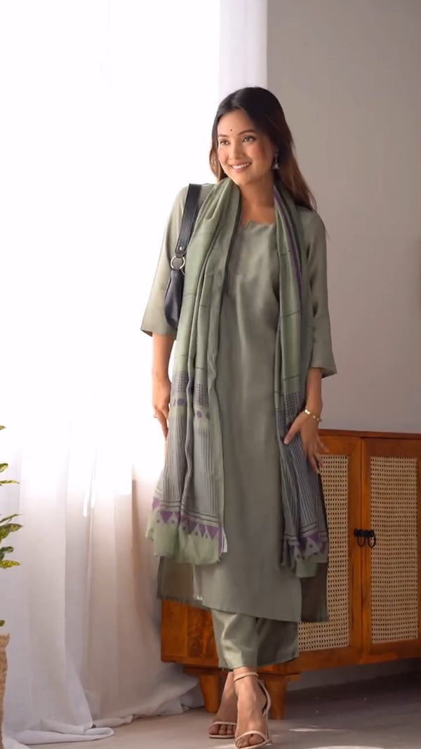 Olive Green Kurta Set with Printed Dupatta